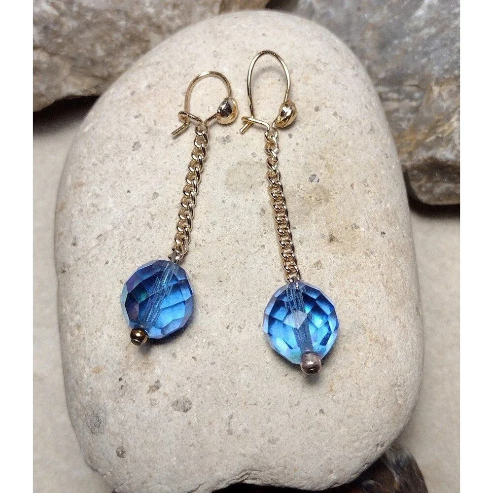 Blue Crystal Bead Gold Plated Chain Drop Dangle Earrings